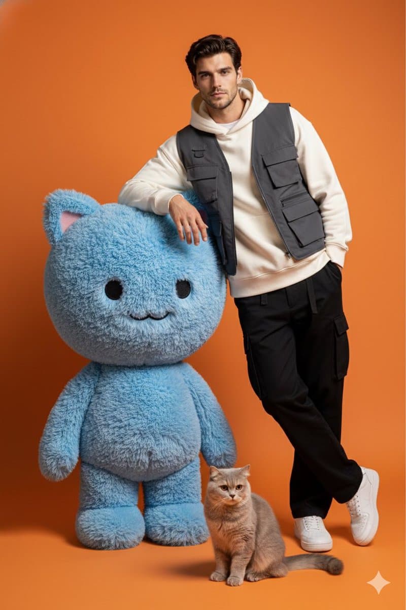 Gen-Z Fashion Studio Shoot with Labubu and Cat — example 1
