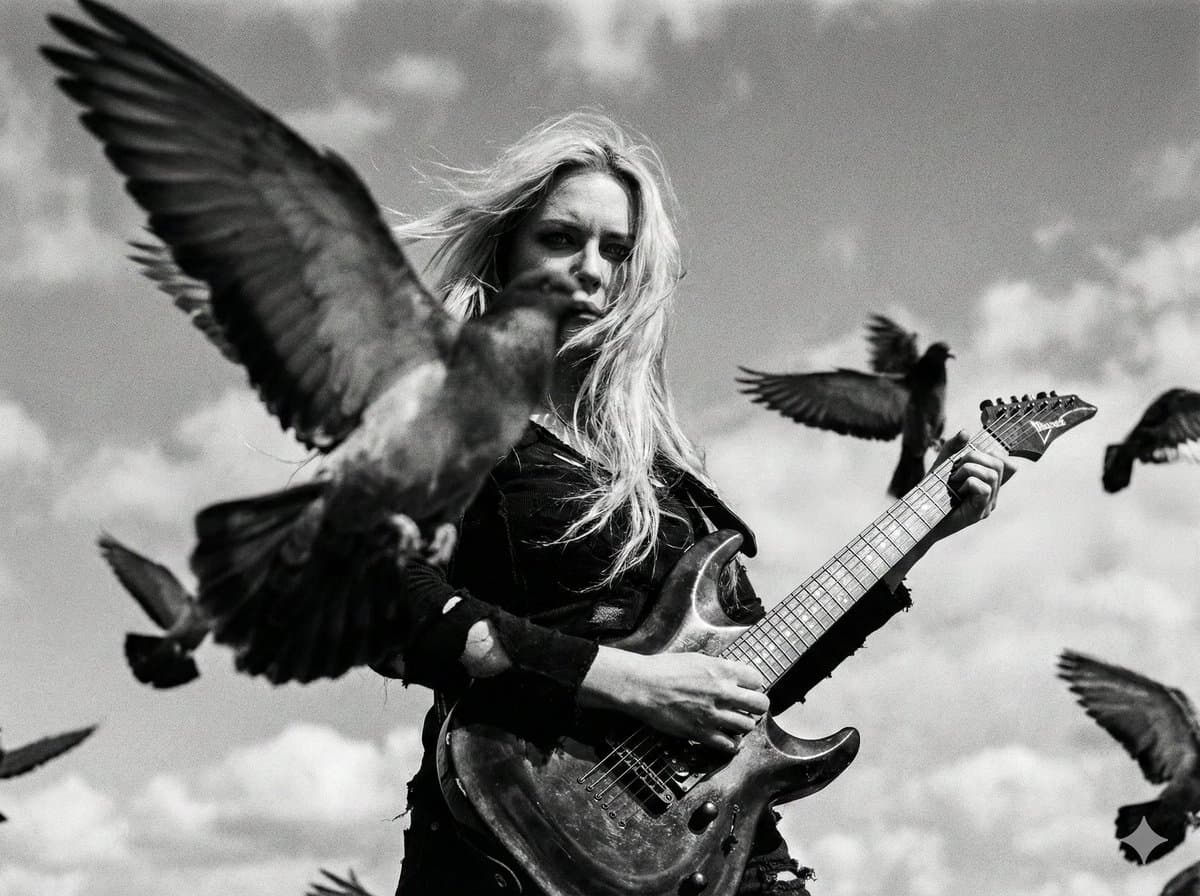 Cinematic Black and White Photo of Woman with Guitar and Pigeons — example 2