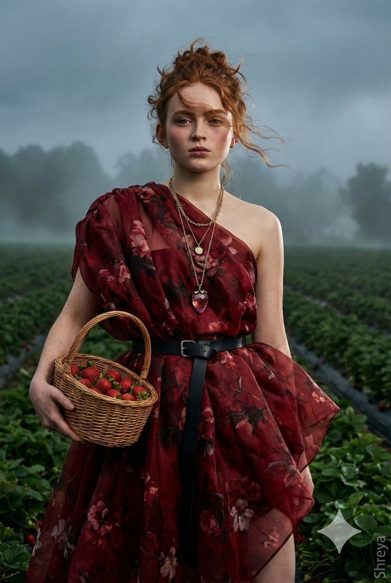 High-Fashion Strawberry Harvest Portrait Prompt — example 2