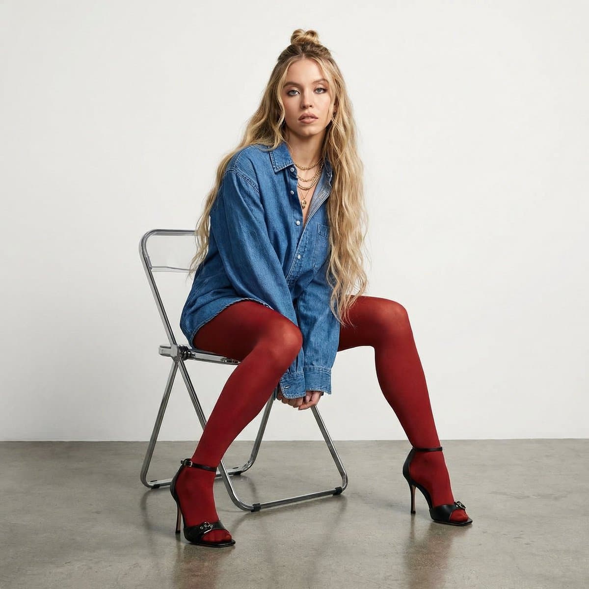 High-Fashion Denim Photoshoot with Ultra-Long Hair — example 1