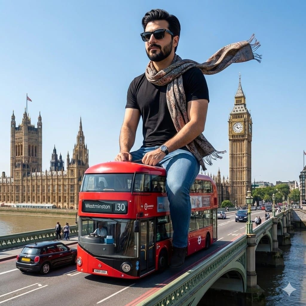 Surreal Giant Man Riding Miniature London Bus — example 1