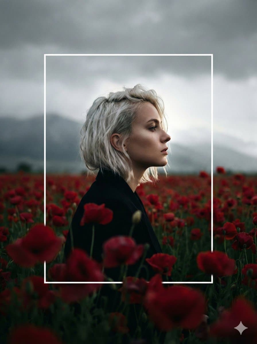 Cinematic Profile Portrait in Crimson Field with Frame Overlay — example 1