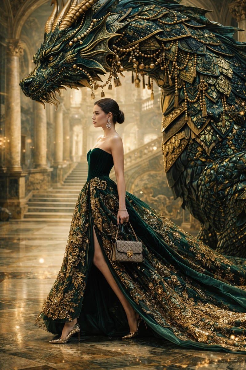 Couture Woman and Colossal Dragon in Renaissance Palace — example 2