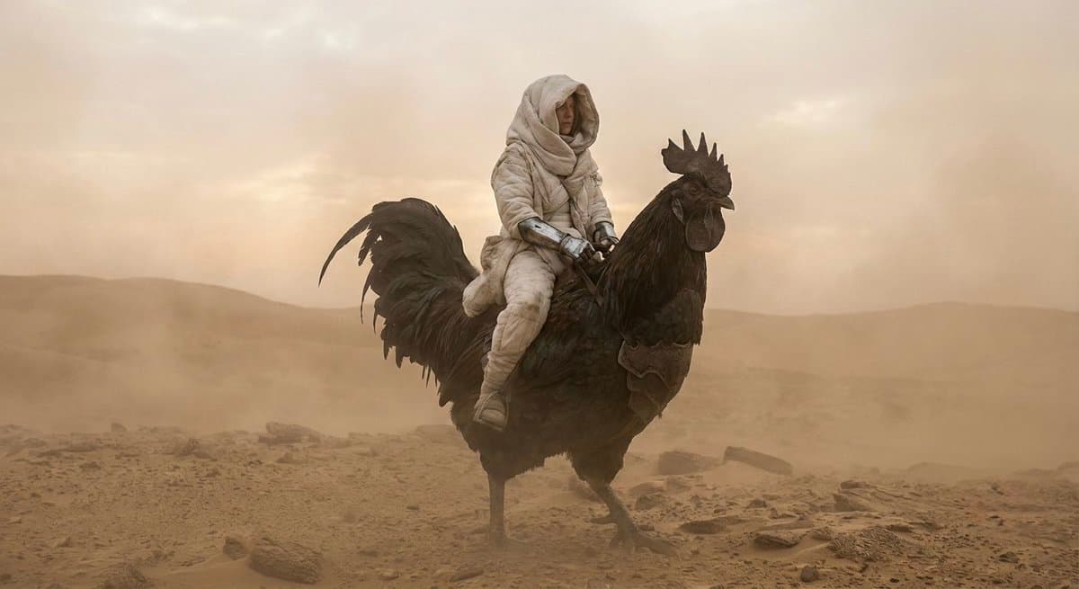 Dune-Inspired Epic Scene with Woman Riding a Giant Rooster — example 1
