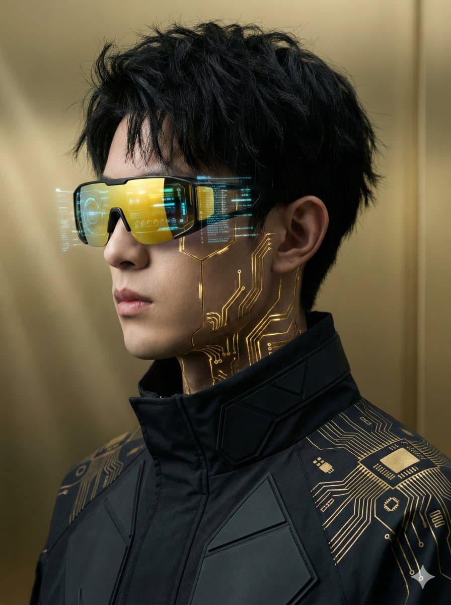 Futuristic Cyberpunk Portrait with Golden Circuitry — example 1