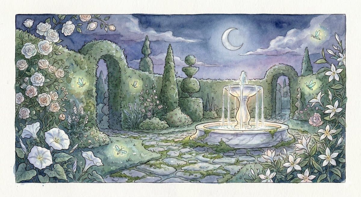 Watercolor Illustration of a Magical Garden at Midnight — example 1