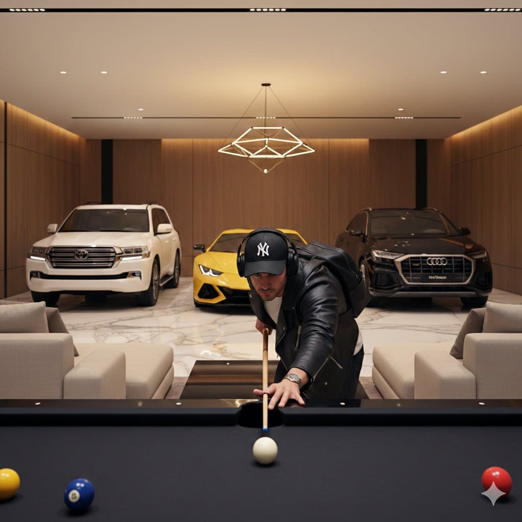 Luxury Lifestyle Billiards Scene with High-End Cars — example 1