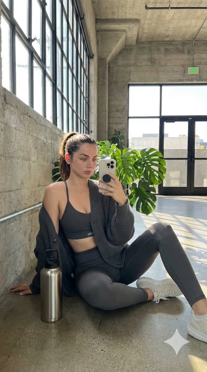 Candid Post-Workout Shot in Brutalist Architecture — example 2