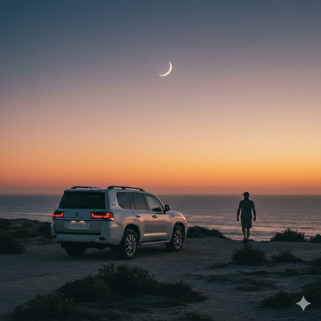 Cinematic Twilight Coastal Landscape with Toyota Land Cruiser — example 1