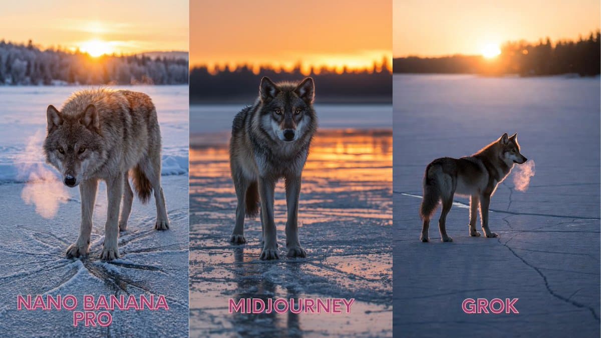 Lone Grey Wolf on Frozen Lake at Dawn — example 1