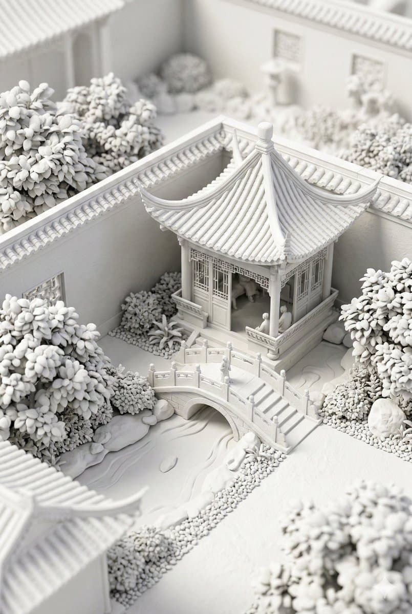 Chinese Garden Clay Render Prompt (Nano Banana 2) — example 1