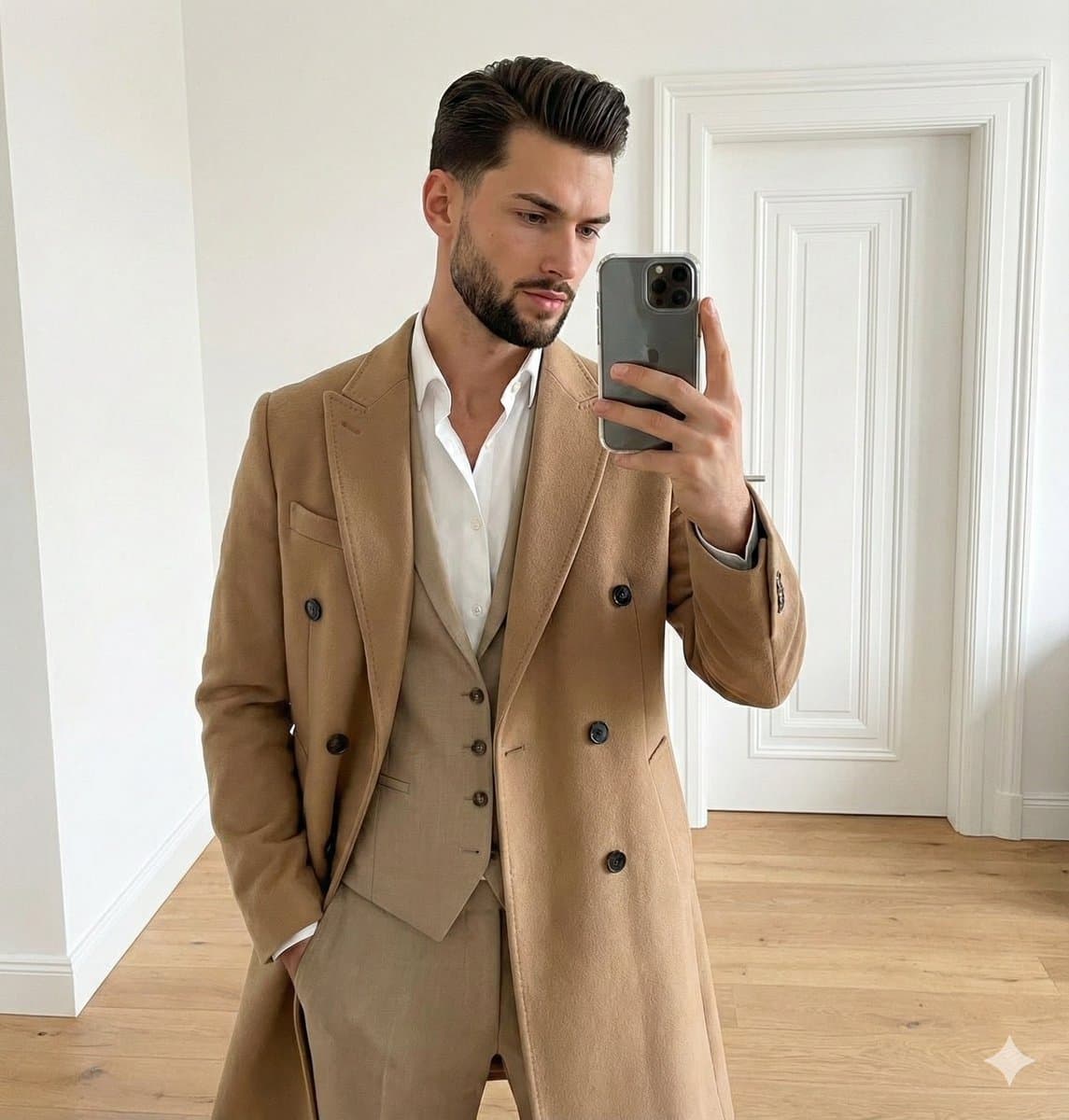 JSON Prompt for Neutral Fashion Mirror Selfie — example 1