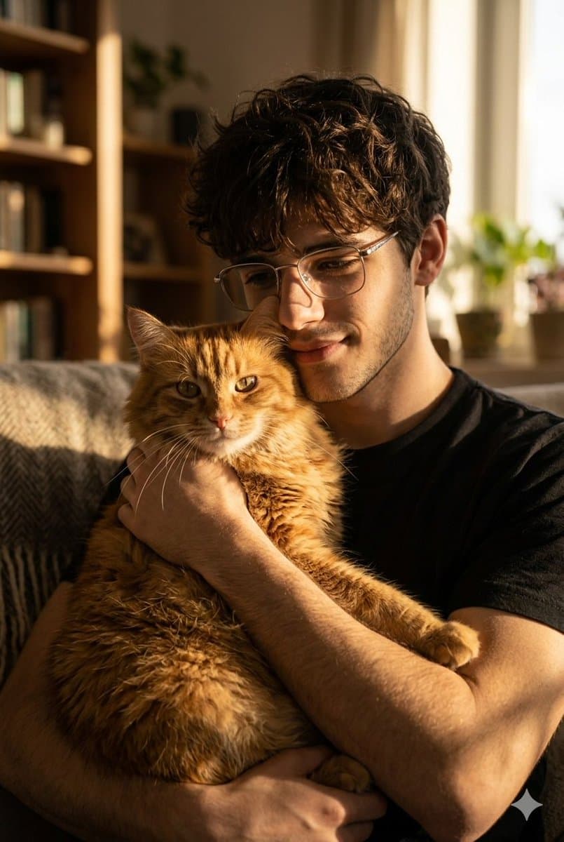 Golden Hour Portrait of Man and Cat — example 1