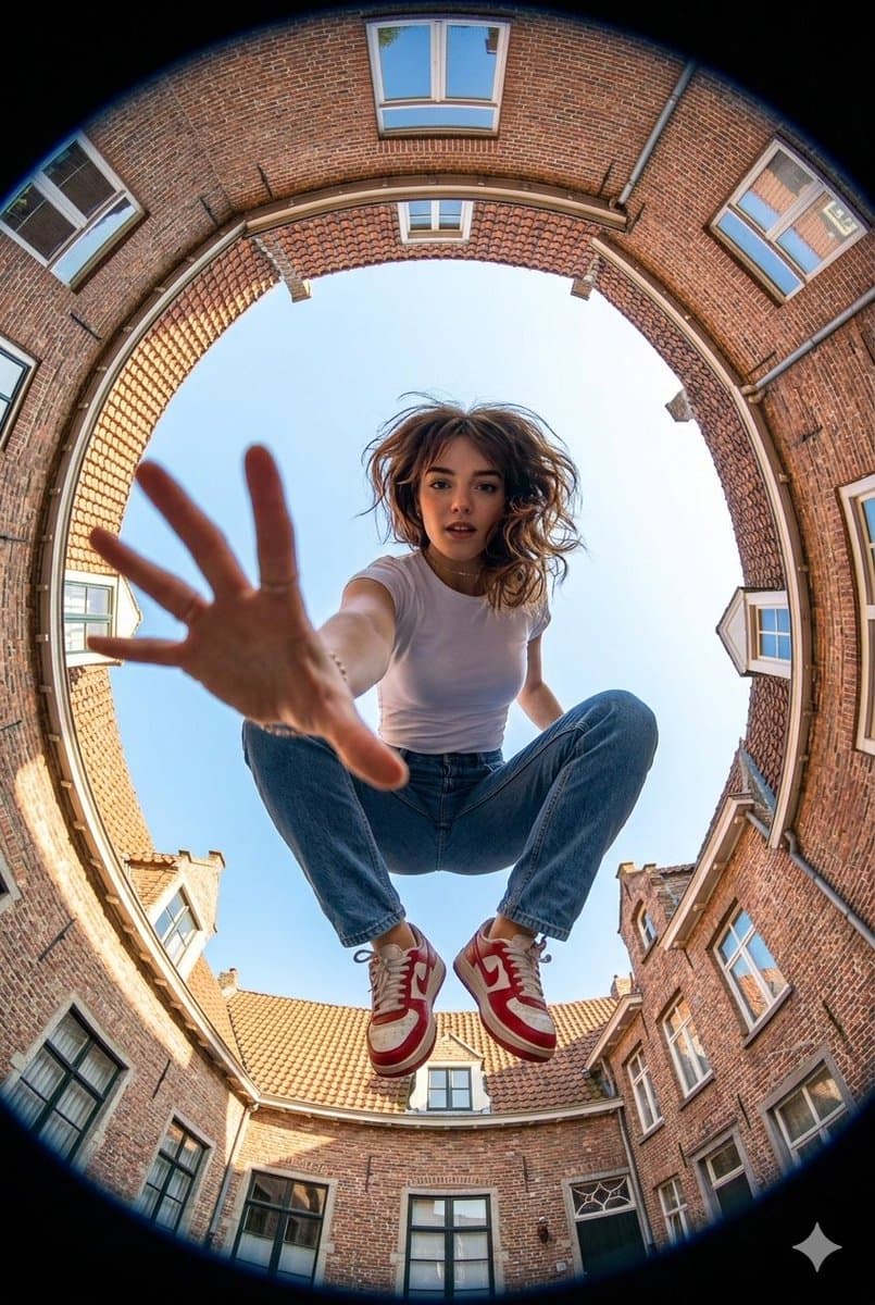 Ultra-wide fisheye shot of a woman crouching mid-air — example 1