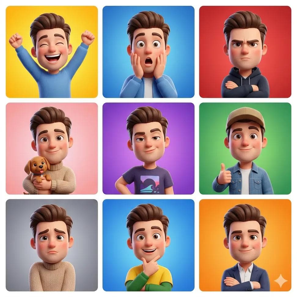 3D Cartoon Avatar Character Grid Prompt (Pixar Style) — example 1