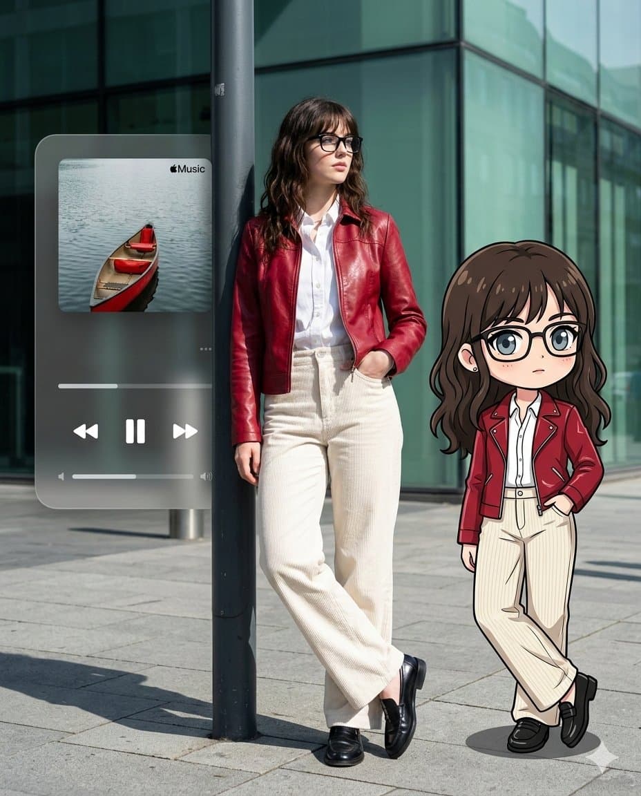 Photorealistic Self-Portrait with Chibi and UI Overlay Prompt — example 2