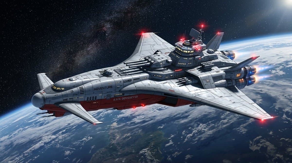 High-Resolution 2.5D Illustration Prompt for Winged Space Battleship — example 1