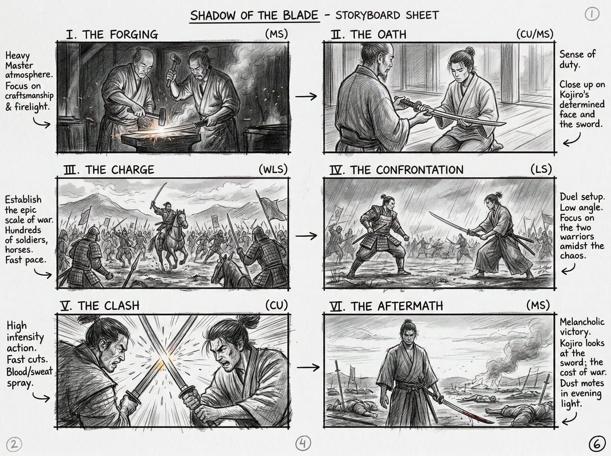 Six-Panel Cinematic Storyboard Sketch — example 4