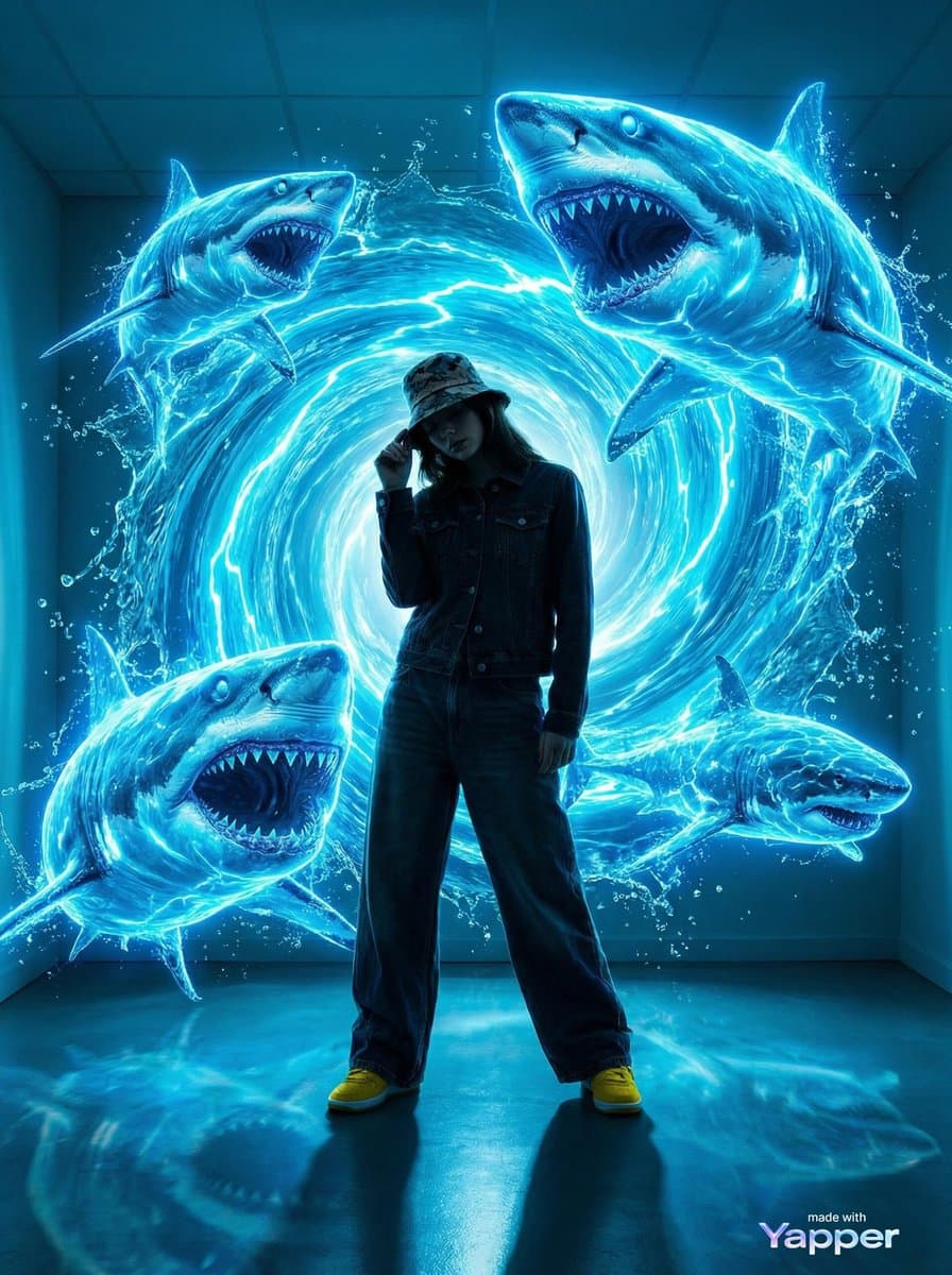 Urban Fantasy Summoning Scene with Liquid Sharks — example 1