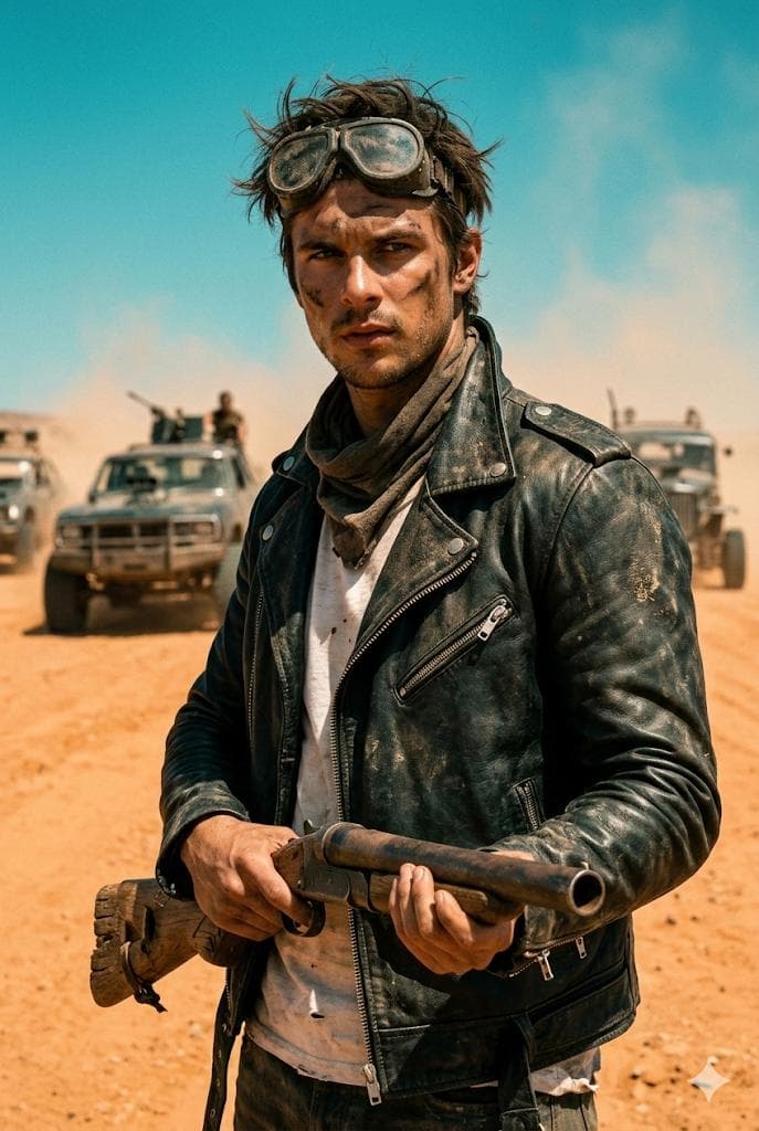 Wasteland Survivor Cinematic Film Still (Mad Max Style) — example 1