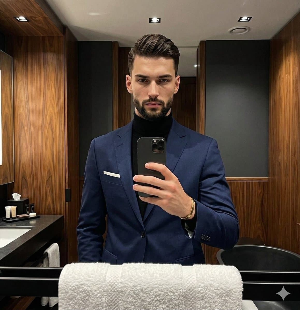 Moody Luxury Lifestyle Portrait of a Man in a Navy Suit — example 1