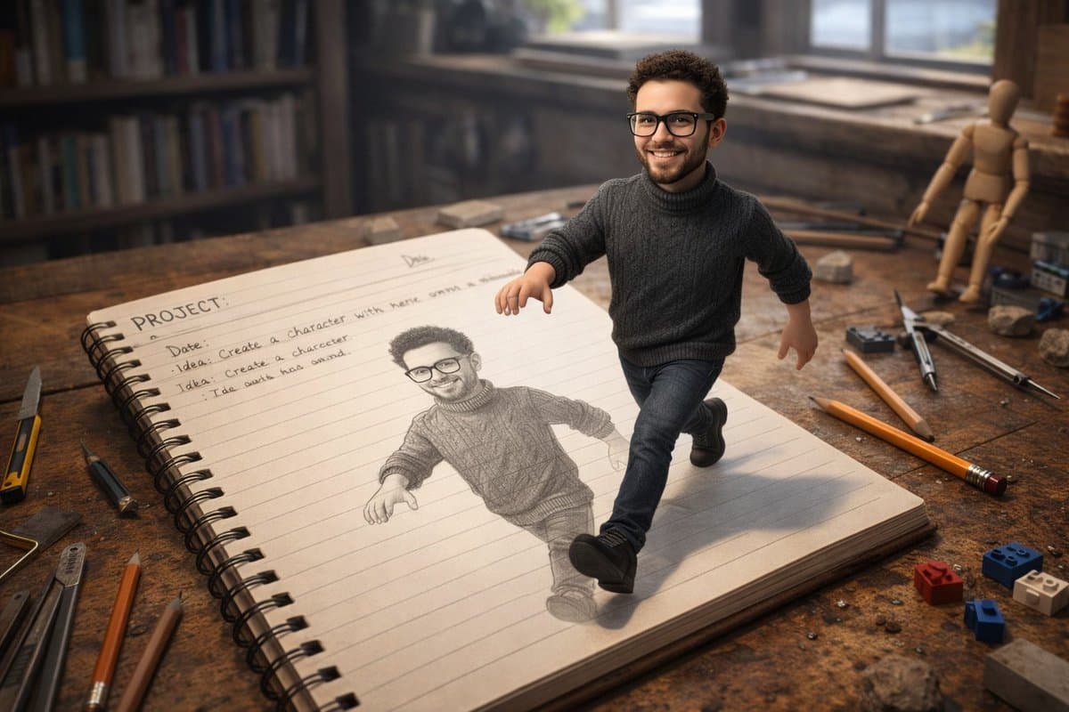 Character Stepping Out of a Sketchbook (Surreal Photo) — example 1