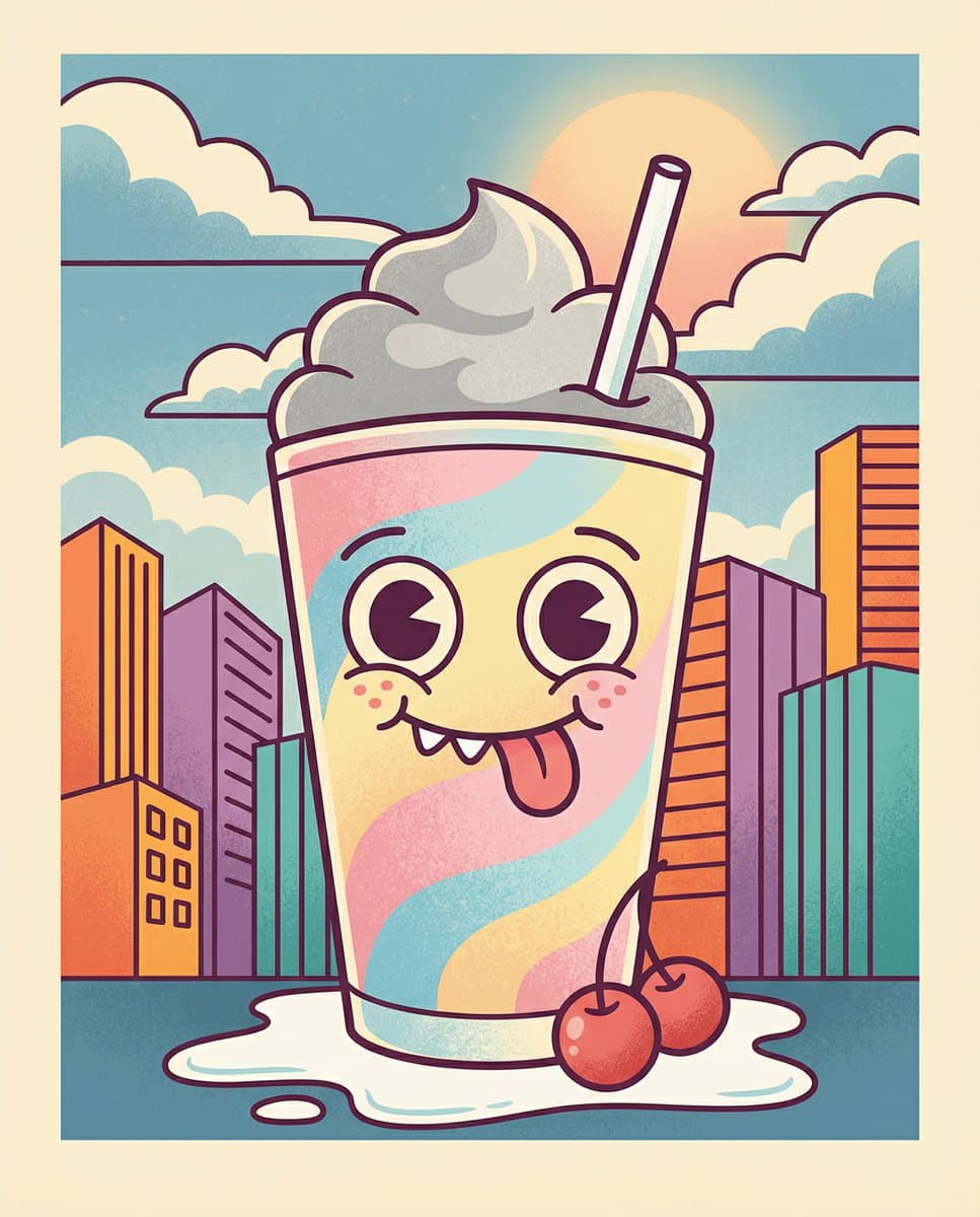 Whimsical Cartoon Milkshake with City Skyline Background — example 1