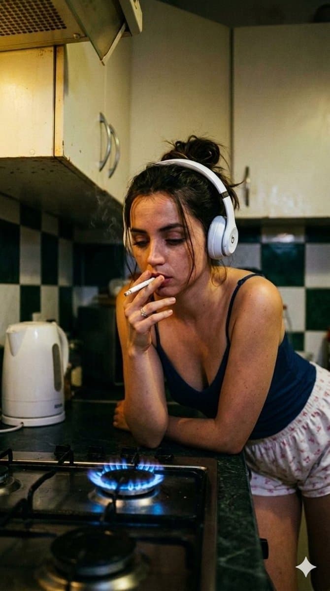 Moody Cinematic Portraits in a Kitchen with Neon Gas Stove Glow — example 2