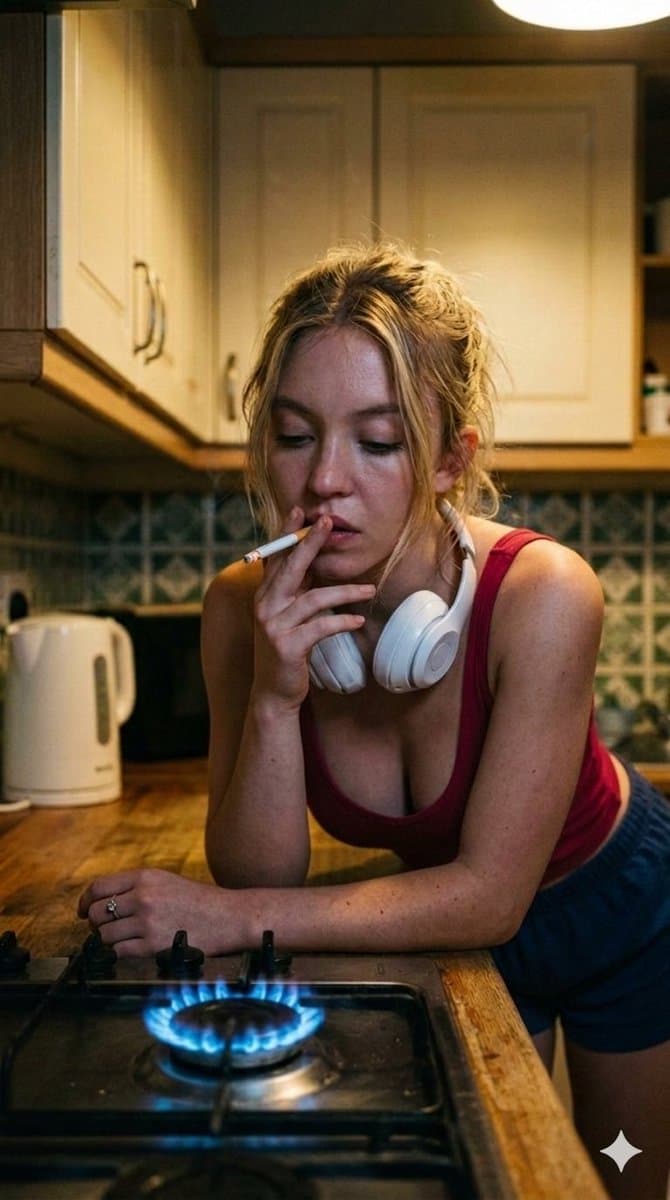 Moody Cinematic Portraits in a Kitchen with Neon Gas Stove Glow — example 4