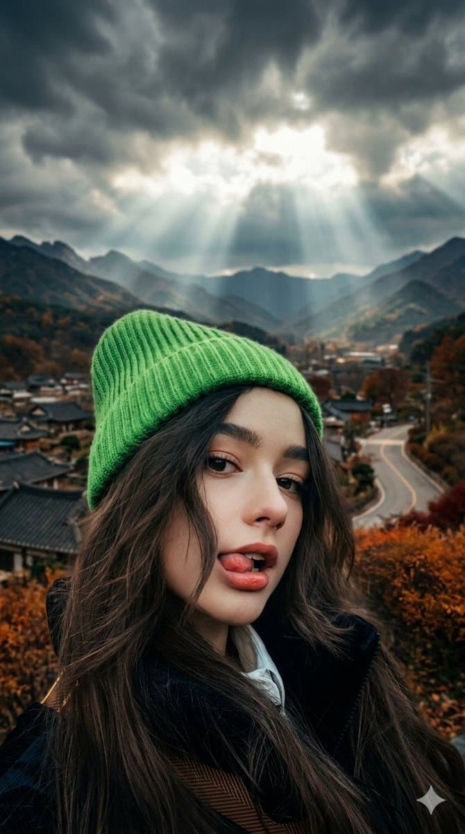 Cinematic Close-up of Woman with Neon Beanie — example 1