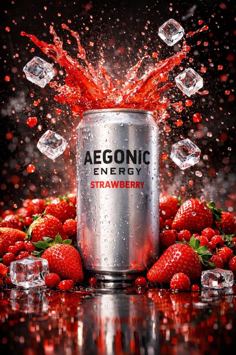 Cinematic Product Photography Prompt: Strawberry Energy Drink Explosion — example 1