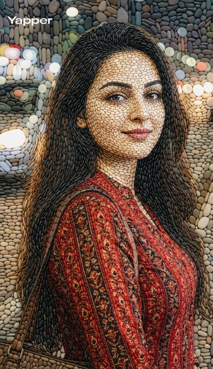 Pebble mosaic portrait of a beautiful woman — example 1