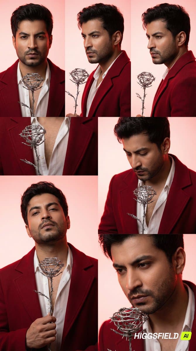 3x2 Grid Portrait of South Asian Man with Barbed Wire Rose — example 1
