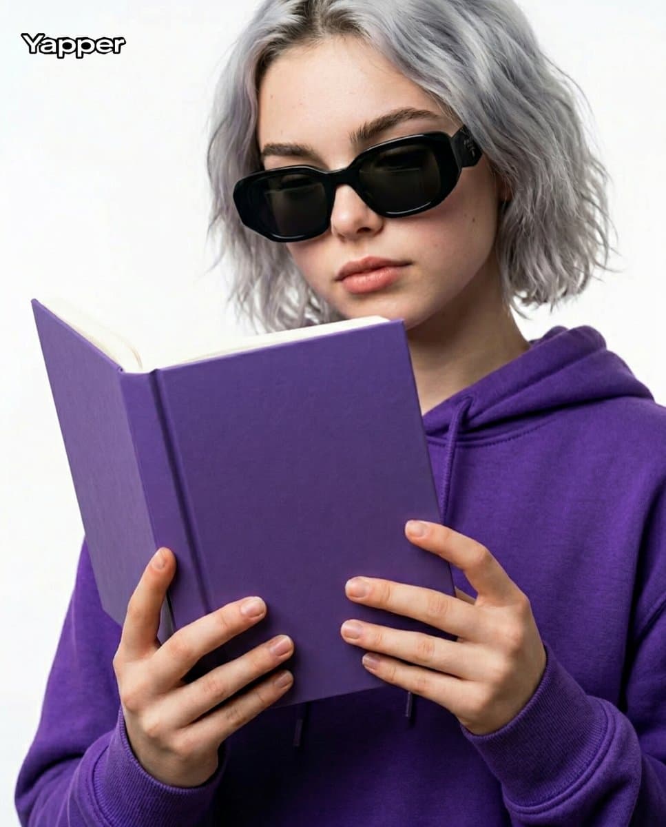 Editorial Close-Up with Purple Hoodie and Book Prompt — example 1
