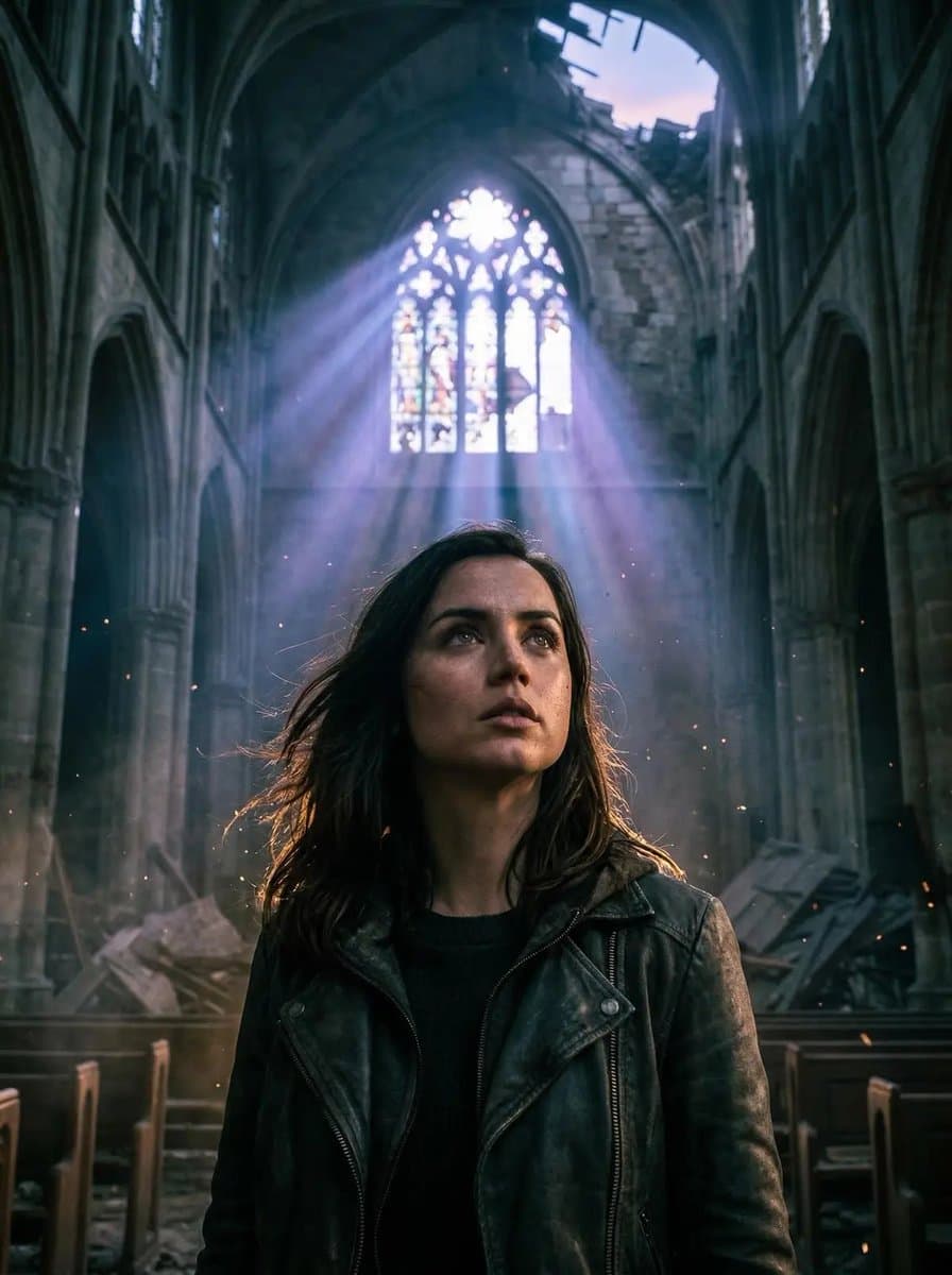Cinematic Portrait in Ruined Gothic Cathedral — example 1