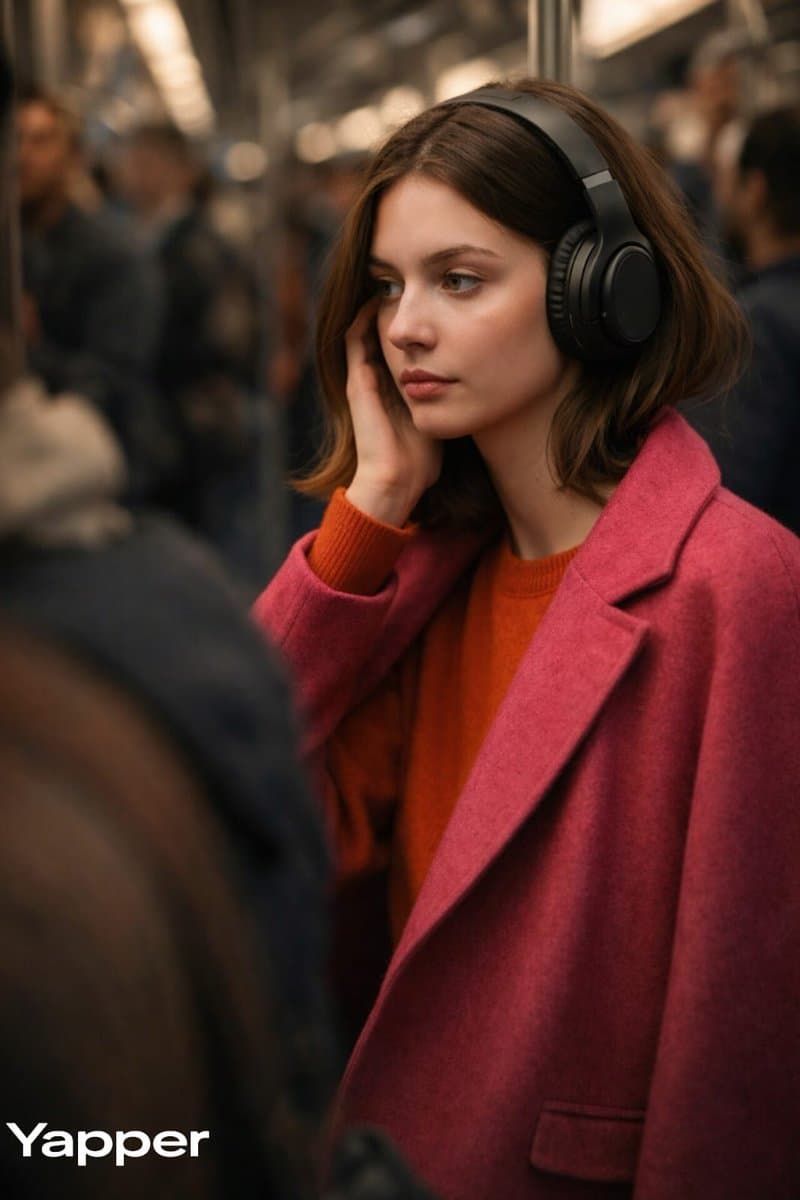 Luxury Campaign Photo in Metro Train with Headphones — example 1