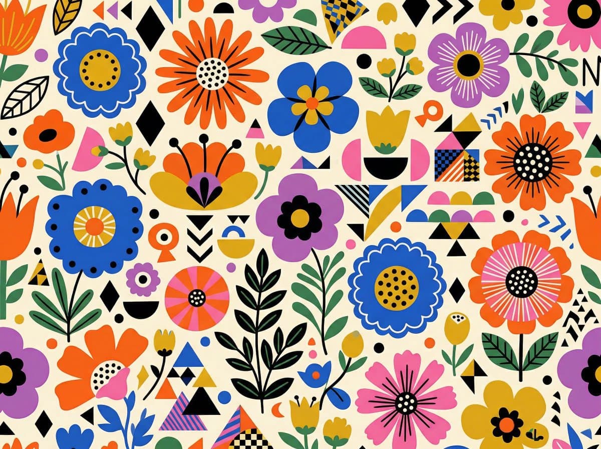 Vibrant Flat Illustration Pattern of Flowers and Shapes — example 1