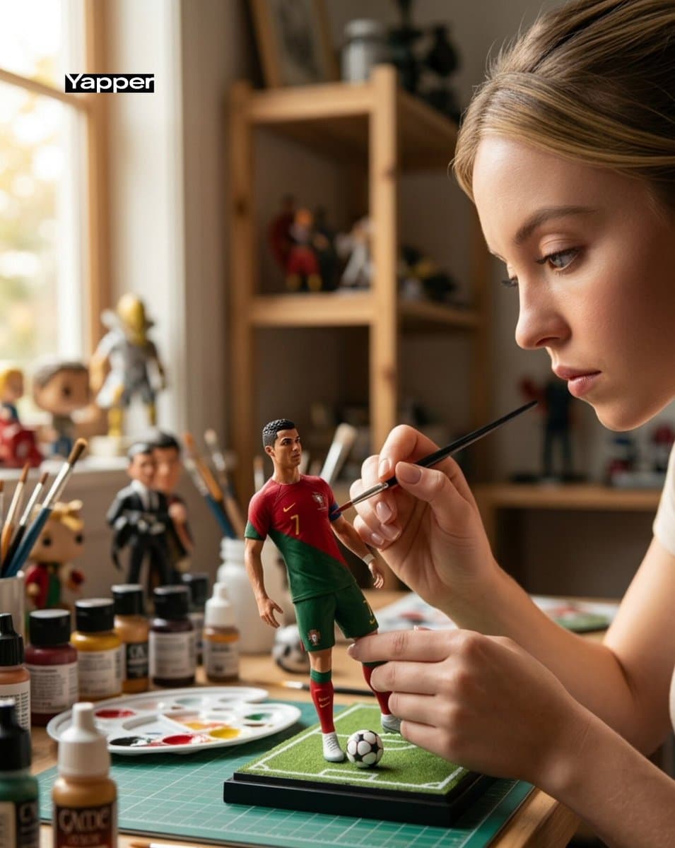 Hyper-Realistic Scene of Artist Painting Miniature Ronaldo Figurine — example 1