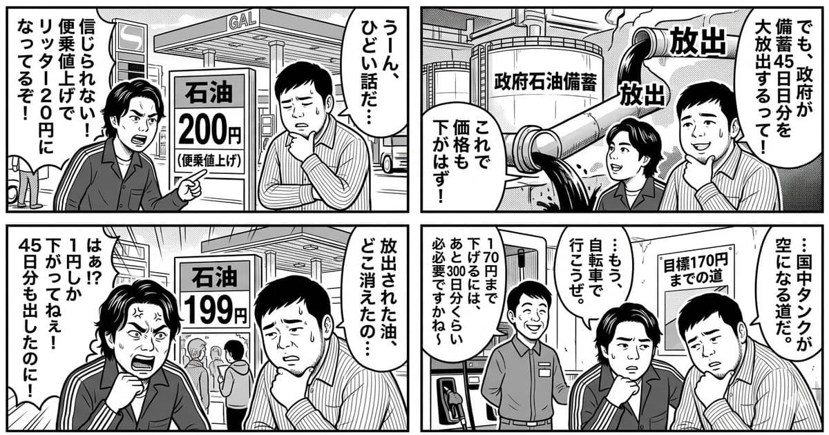 4-Panel Manga: The Long Road to 170 Yen Gasoline Price — example 1