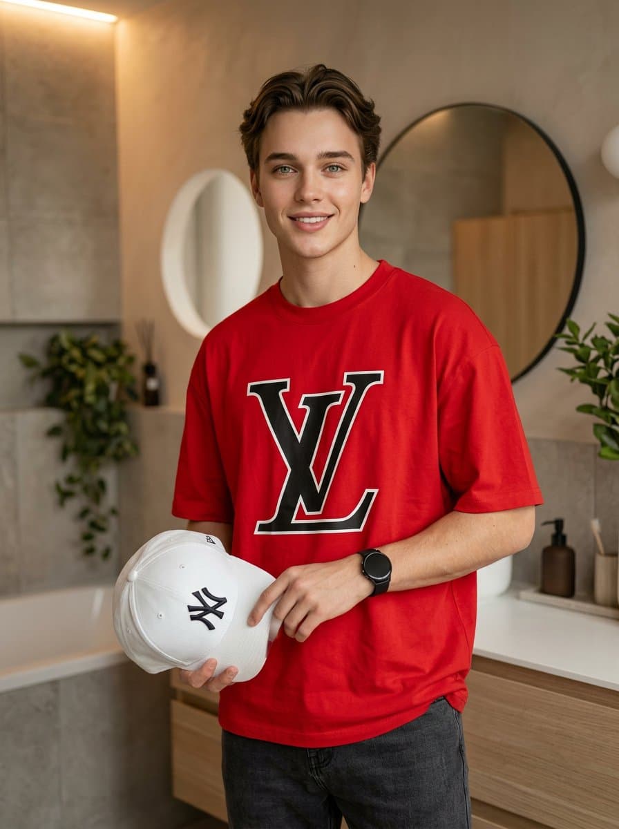 Fashion Editorial Portrait in Modern Bathroom — example 1