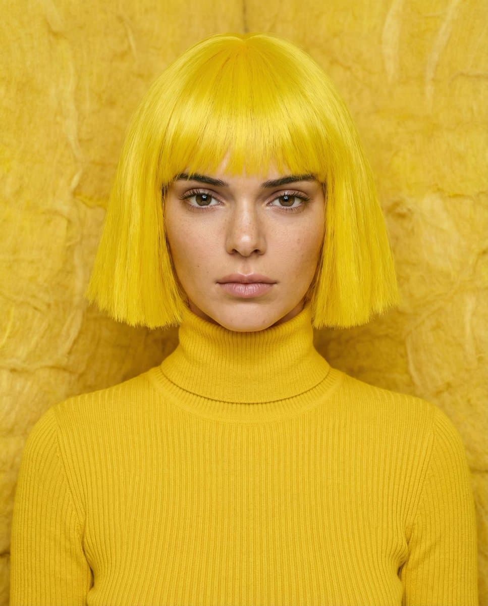 Monochromatic canary yellow portrait of Kendall Jenner in an isolation booth — example 1