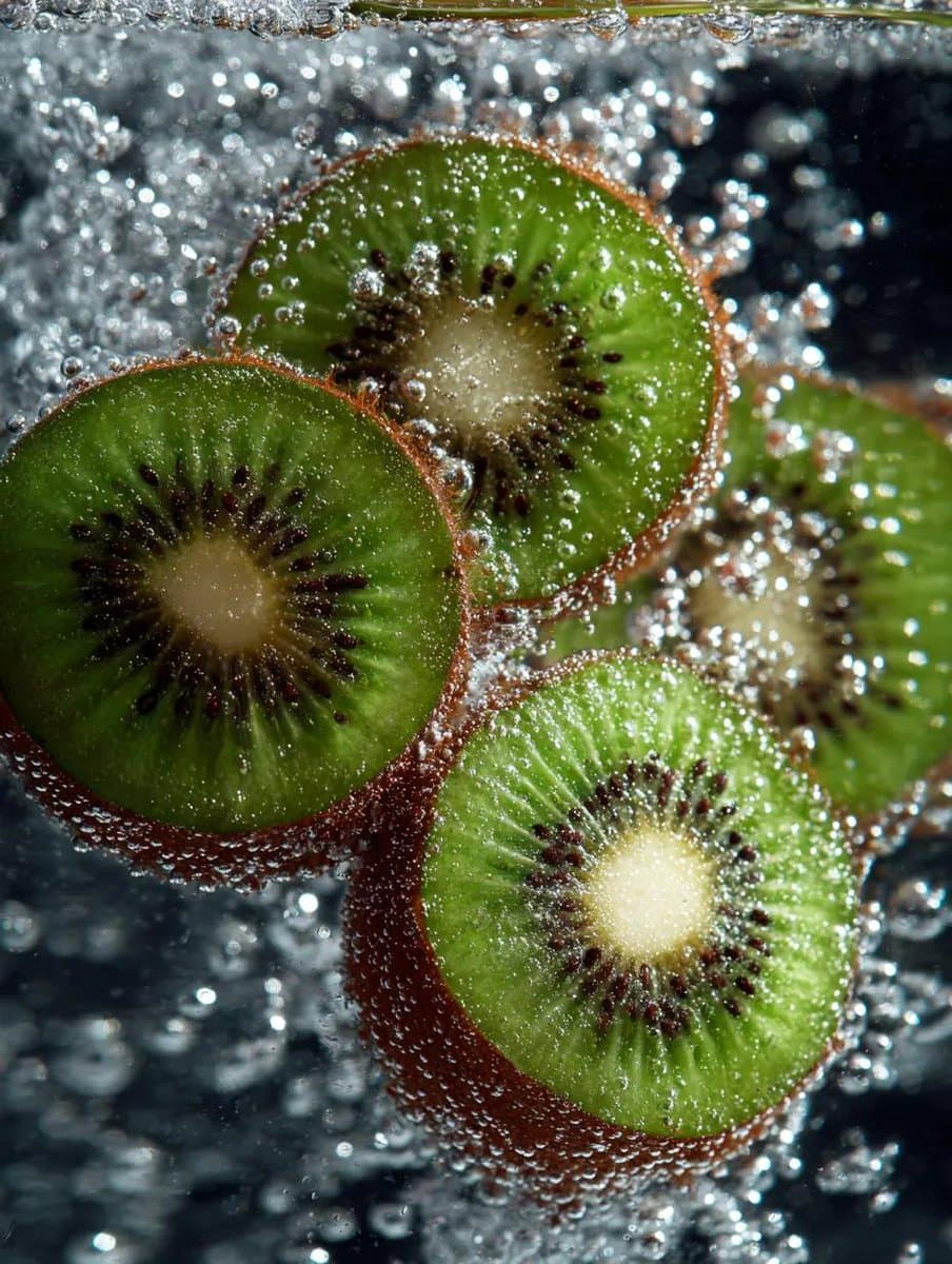 Macro Shot of Kiwi Slices in Sparkling Water — example 1