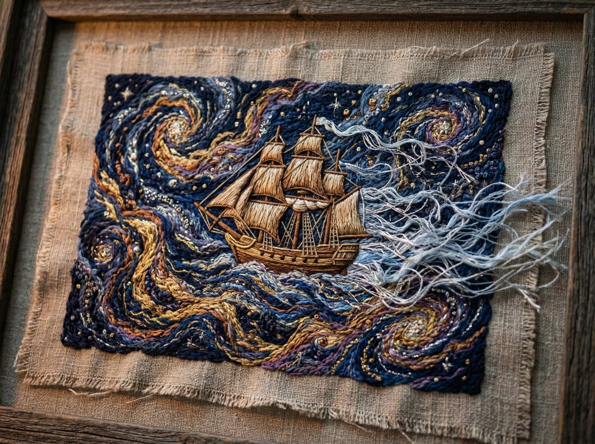 Tactile Embroidered Tapestry of a Ship in Nebulae — example 2