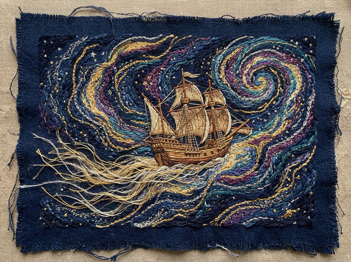 Tactile Embroidered Tapestry of a Ship in Nebulae — example 4