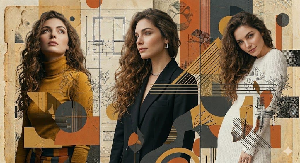 Three-Panel Mixed-Media Fashion Composition — example 1