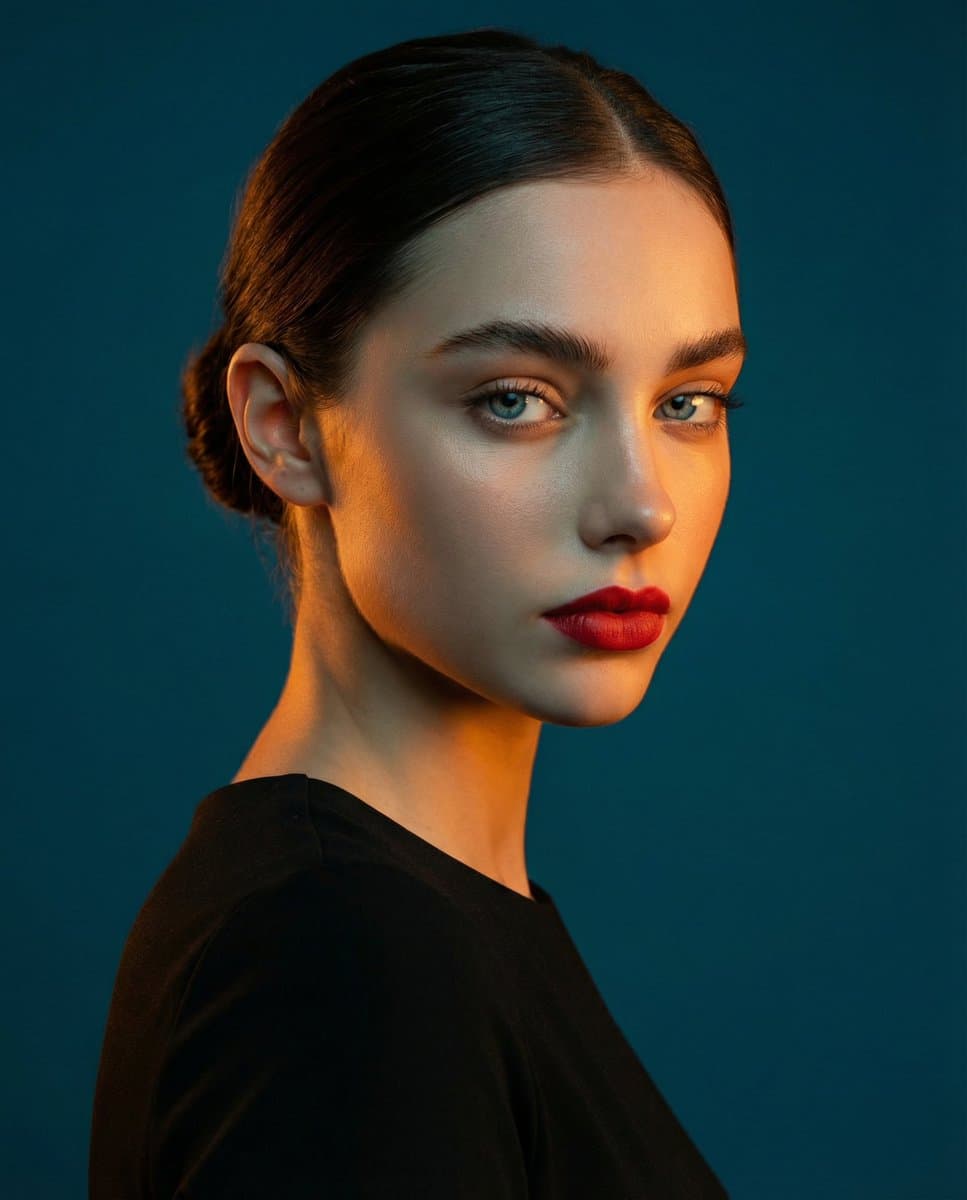 High-Contrast Studio Portrait with Teal and Orange Light — example 1