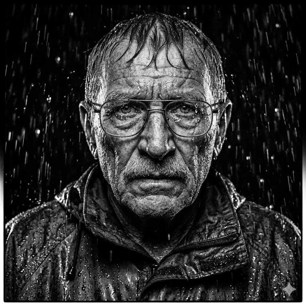 Monochrome Portrait of Elderly Man in Heavy Rain — example 1