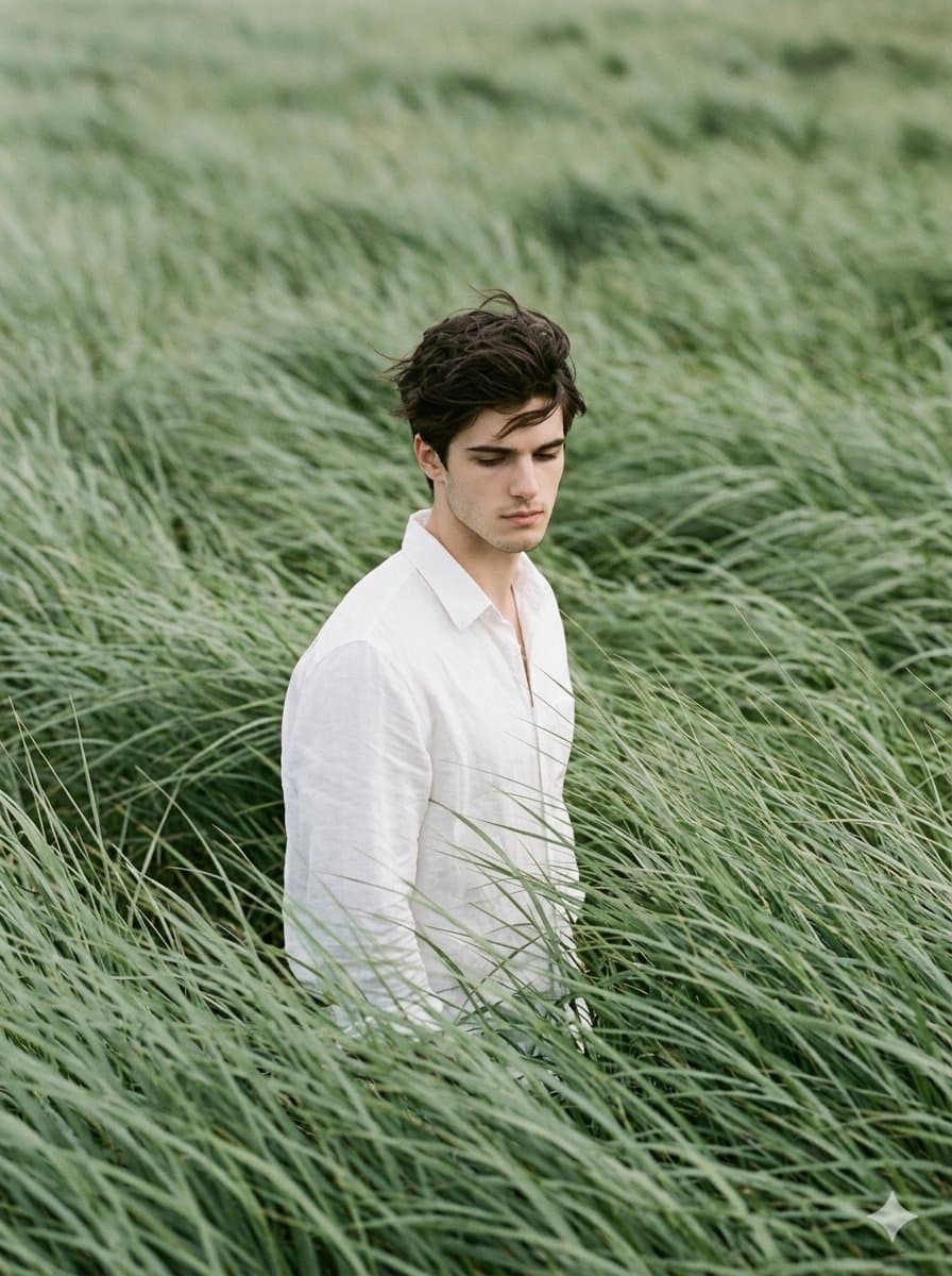 Cinematic Editorial Portrait in Sage Green Grass Fields — example 1