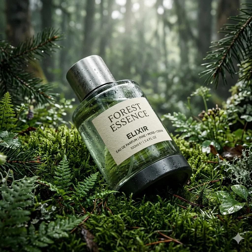 Ultra-Realistic Forest Essence Elixir Perfume Product Shot — example 1