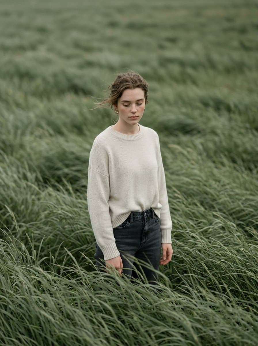 Cinematic Portrait in Sage-Green Grass Field — example 1